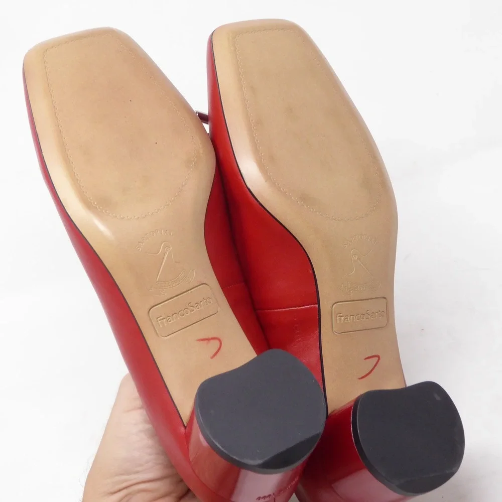 Franco Sarto Women Natalia Pumps Red Leather Square Toe Bow Block Heel 6.5W Wide